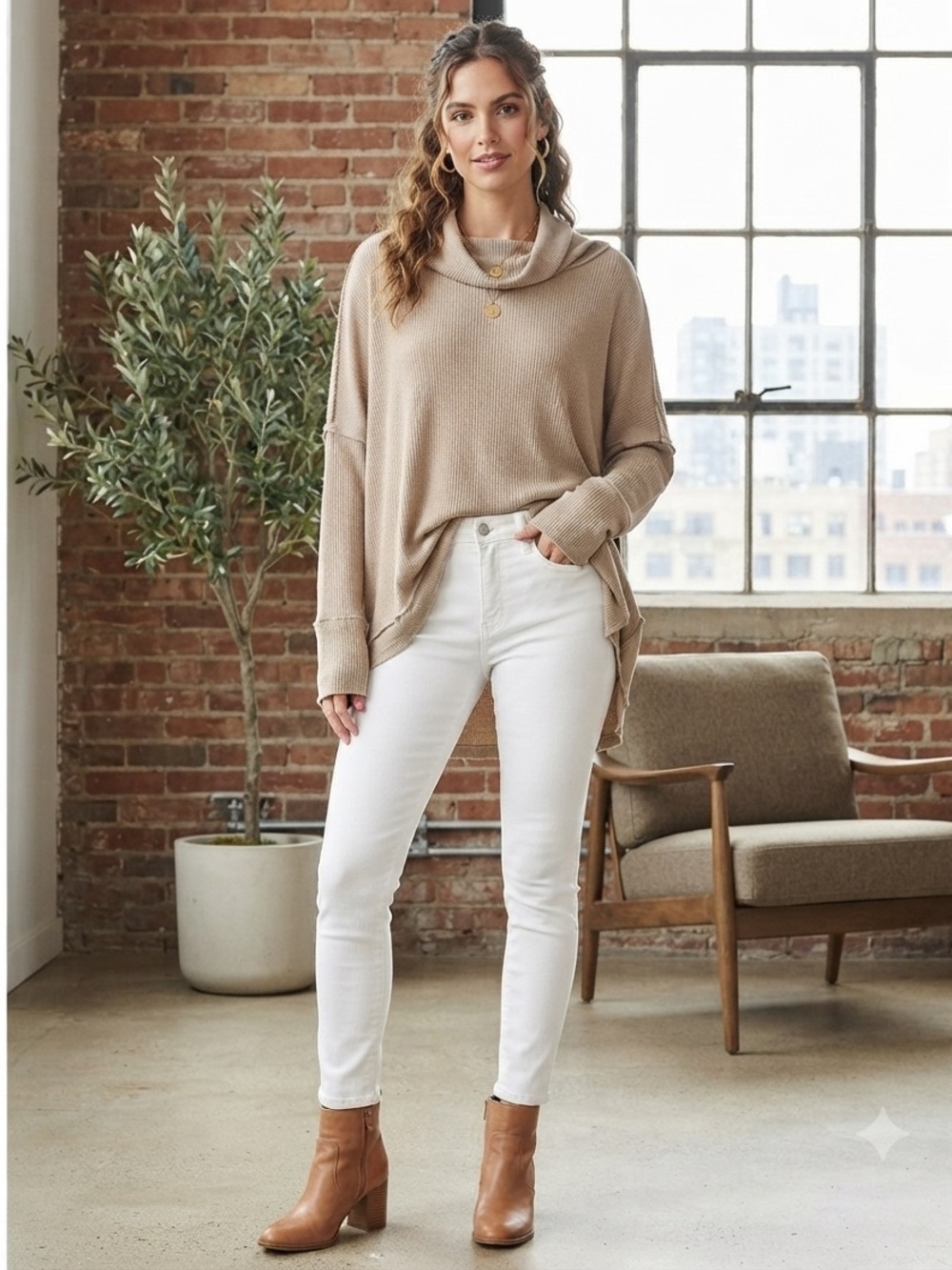 We The Free Ribbed Cowl Neck Pullover Tunic in Taupe large